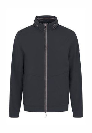 Dunkelgrau Jacke mit hohem Kragen, Frontreißverschluss und elastischen Bündchen. Sie verfügt über eine glatte, matte Textur und ein minimalistisches Design.