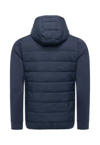 Laivastonsininen hupullinen takki, jossa on tikattu etuosa ja sileät hihat. Mallissa on toppaustekstuuri ja resorit hihansuissa.