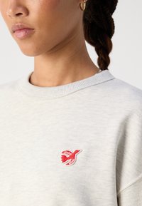 Ανοιχτό γκρι φούτερ με ριγέ λαιμό και κόκκινο κεντημένο λογότυπο που απεικονίζει πουλί στο αριστερό στήθος. Μαλακή υφή και casual σχέδιο.