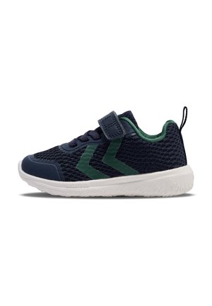 Marineblaue Mesh-Sneaker mit grünen Akzenten, ausgestattet mit einem Klettverschlussriemen und einer Gummisohle, leichtem Design und strukturierten Details im Obermaterial.