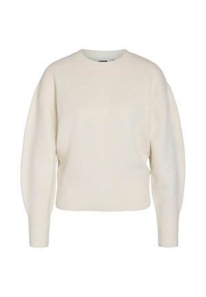 Cream-colored sweater with a round neckline, dropped shoulders, and ribbed cuffs. The fabric appears soft and textured, with a cropped design.