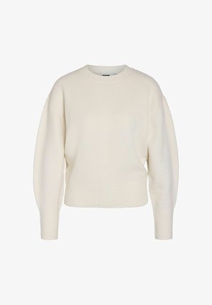 Cream-colored sweater with a round neckline, dropped shoulders, and ribbed cuffs. The fabric appears soft and textured, with a cropped design.