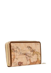 Portafoglio con motivo mappa, esterno in pelle beige, cerniera dorata e dettagli marroni. Presenta illustrazioni geografiche dettagliate.
