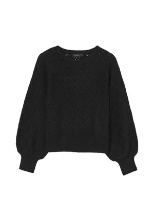 Maglione nero lavorato a maglia con un motivo a diamante testurizzato, scollo rotondo e maniche a sbuffo. Realizzato in filato morbido, offre una vestibilità comoda.