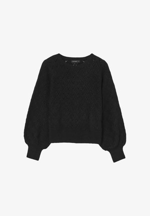 Schwarzer Strickpullover mit strukturiertem Diamantmuster, rundem Halsausschnitt und Puffärmeln. Hergestellt aus weicher Wolle, bietet er eine lockere Passform.