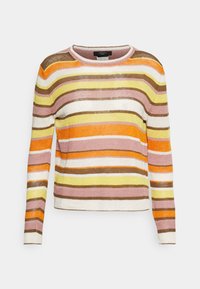 Pull rayé dans des teintes pastel (rose, orange, jaune, marron) avec un col rond et des manches longues. Texture tricotée avec des poignets côtelés.