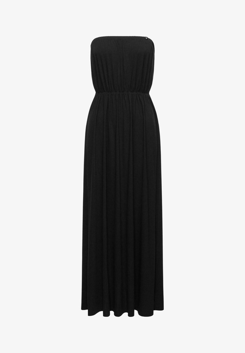 Schwarzes, trägerloses Maxikleid aus weichem Stoff, mit gerafften Details entlang des Oberteils und einem fließenden, knöchellangen Rock.