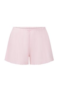 Hellrosa Shorts mit weicher Textur, ausgestattet mit einem verstellbaren Bund und einem dezenten vertikalen Rippmuster.