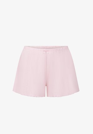 Lichtroze korte broek met een zachte textuur, voorzien van een tailleband met een verstelbare strik en een subtiel verticaal geribbeld patroon.