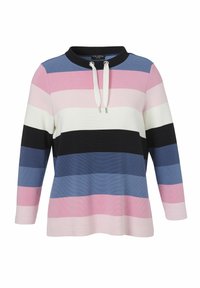 Multikleurige gestreepte sweatshirt met horizontale strepen in roze, blauw, zwart en wit. Bevat een trekkoord bij de halslijn en een ribbelstructuur.