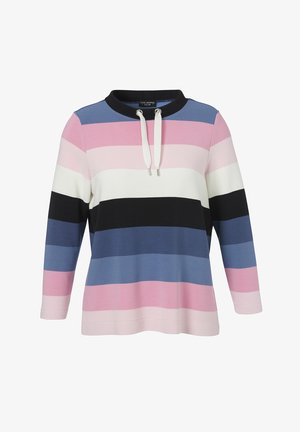 Multikleurige gestreepte sweatshirt met horizontale strepen in roze, blauw, zwart en wit. Bevat een trekkoord bij de halslijn en een ribbelstructuur.