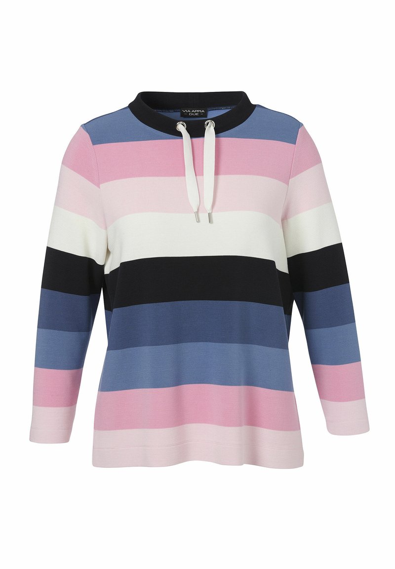 Multikleurige gestreepte sweatshirt met horizontale strepen in roze, blauw, zwart en wit. Bevat een trekkoord bij de halslijn en een ribbelstructuur.