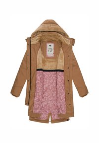 Giacca esterna color sabbia con colletto in pelliccia sintetica. All'interno presenta una fodera rosa con un motivo floreale. Include bottoni a pressione e una chiusura con zip.