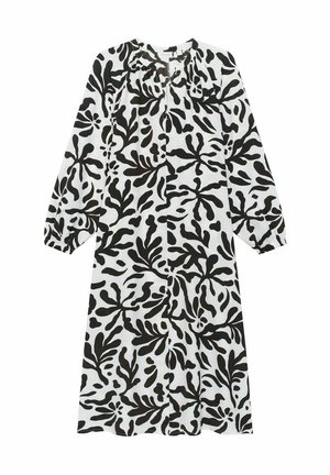 Sorte og hvide kjole med blomsterprint, lange ærmer, rund halsudskæring og elastiske manchetter, lavet af letvægtsstof.