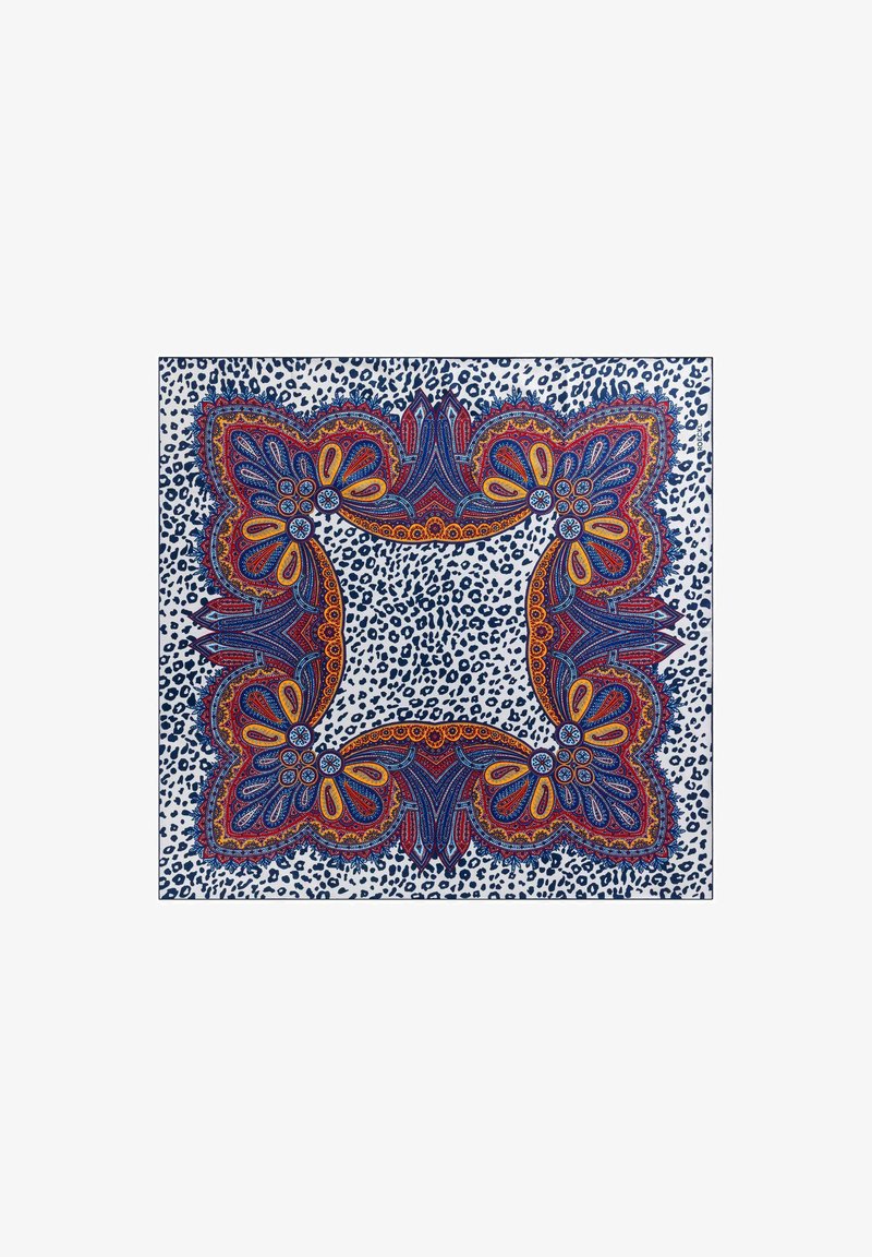 Square silk scarf featuring intricate paisley design in red, blue, and orange on a white background with black leopard spots.
