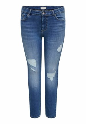 Obcisłe dżinsy w średnim odcieniu niebieskiego z delikatnym przetarciem na udach i kolanach, z przodem zapinanym na guziki i suwak oraz wzorem z pięcioma kieszeniami.