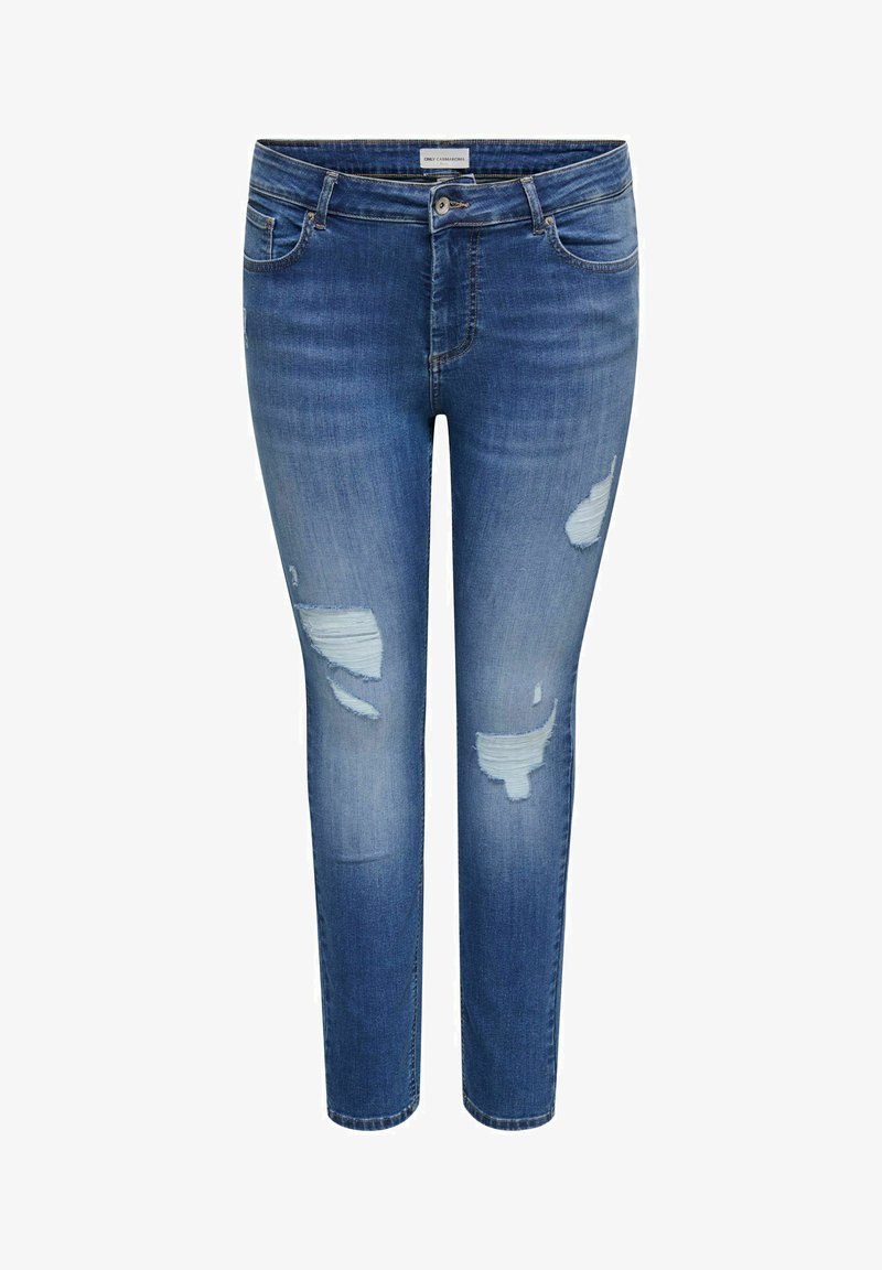 Mellomblå skinny jeans med lett slitasje på lår og knær, frontknapp og glidelåslukking, og design med fem lommer.