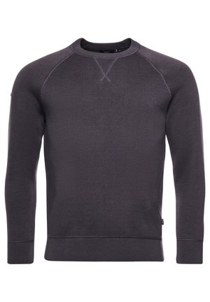 Ciemnoszara bluza z długim rękawem i dekoltem typu crewneck, z prążkowanymi mankietami i dolnym wykończeniem, z przeszytym detalem w kształcie X pod kołnierzem.