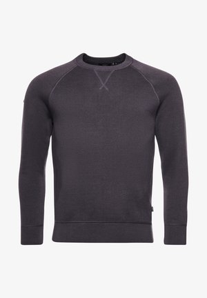 Sweat-shirt gris foncé à manches longues avec col rond, poignets et ourlet côtelés, avec un détail cousu en forme de X sous le col.