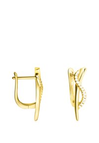 Guld-örhängen med en tvistad design och klara accenter, som visar en polerad slät yta och en gångjärnsförslutning.