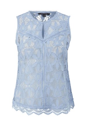 Mouwloze lichtblauwe kanten blouse met bloemmotief, golvende zoom, V-hals en aansluitend silhouet.