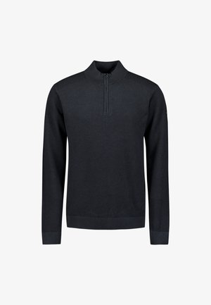 Donkerblauwe pullover van gestructureerde gebreide stof, met een hoge kraag met een kwartrits en geribbelde boorden en zoom.