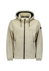 Beige waterdichte jas, met capuchon en een ritssluiting aan de voorkant, voorzien van zwarte accenten, twee zijzakken en elastische manchetten voor een veilige pasvorm.