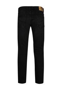 Zwarte denim jeans met een rechte snit, voorzien van achterzakken en een leren merklabel op de tailleband. Soepele textuur en uniforme kleur.