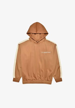 Brązowa bluza z kapturem z elastycznymi mankietami i dołem. Posiada beżowe paski po bokach oraz tekst logo z przodu. Gładki, lekki materiał.