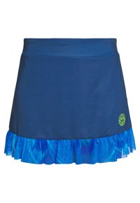 Modrá sukně s širokým pasem a nabíraným lemem, zdobená modrým tie-dye vzorem, s malým zeleným logem na dolním pravém rohu.