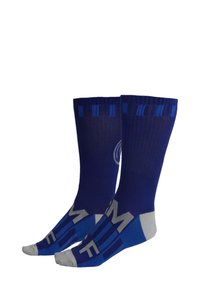 Calzini blu da lavoro con accenti in grigio chiaro a contrasto sulle punte e sul tallone. Design a coste verticali e logo visibile sulla parte del piede.