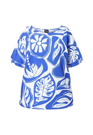 Blau-weißes Kurzarmshirt mit großen tropischen Blatt- und Blumenmustern und rundem Ausschnitt.
