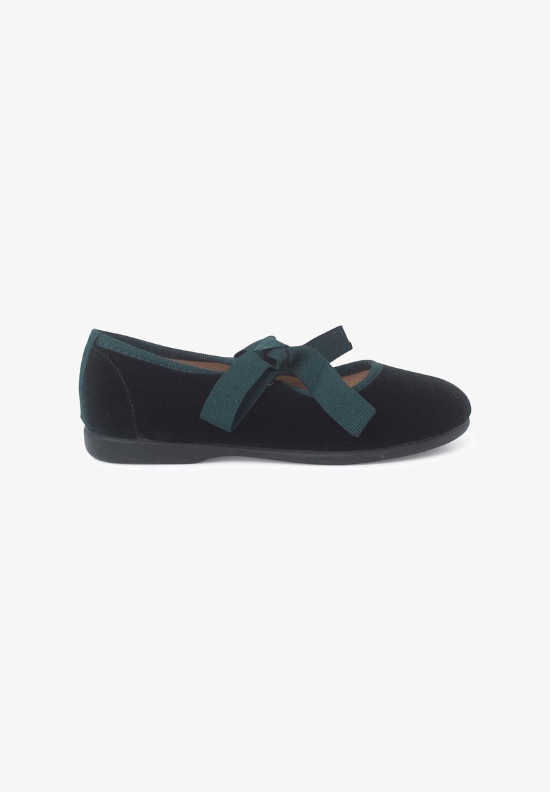 Ballerines en velours noir avec une découpes centrale et un grand nœud en ruban teal à l'avant. Semelle plate avec une adhérence minimale.