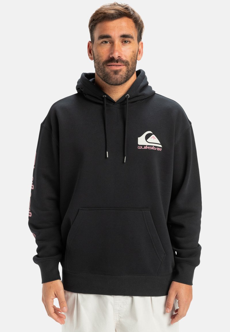 Black hoodie with a front pocket, adjustable drawstrings, and logo in white and pink. Features ribbed cuffs and hem. Soft fabric texture.