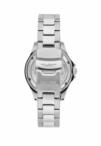 Orologio in acciaio inox con bracciale in metallo lucido, cassa quadrata e chiusura incisa con il logo "SECTOR". Design con fondo trasparente.