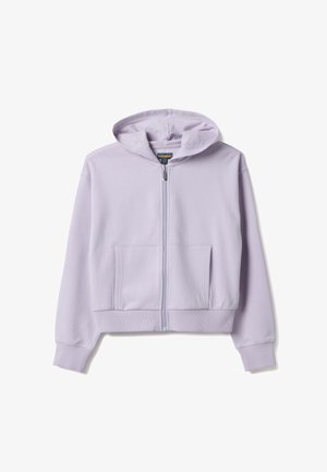 Lichtpaarse cropped hoodie met ritssluiting aan de voorkant, kangoeroezakken, geribde manchetten en zoom, en een vaste capuchon, platliggend op een witte achtergrond.