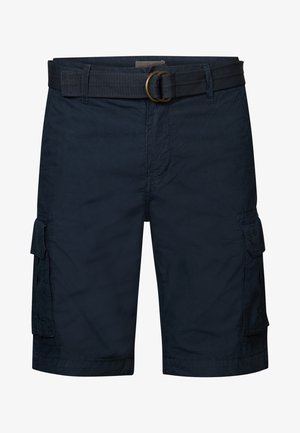 Laivastonsiniset cargo-shortsit, jotka on valmistettu kevyestä kankaasta. Ne sisältävät kudotun vyön metallisoljella ja sivutaskut säilytystä varten.