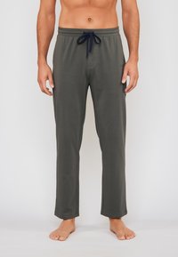 Grå loungbukser lavet af blødt stof med snor i taljen og lige ben. Glat tekstur uden synlige mønstre.