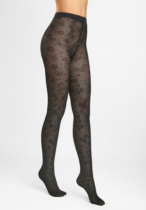 Czarne rajstopy w kwiatowy wzór z przezroczystego materiału, z wygodnym pasem w talii i skomplikowanym wzorem kwiatowym na całej powierzchni.
