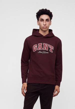 Jeune homme aux cheveux bouclés portant un sweat à capuche GANT bordeaux avec le texte "New Haven" imprimé sous le nom de la marque sur un fond uni.