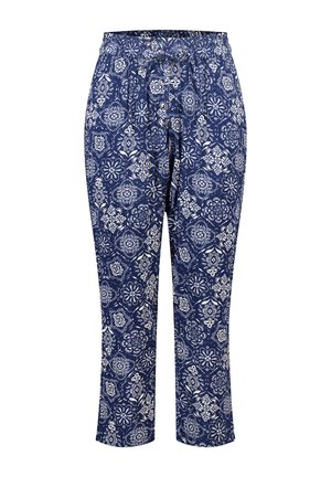 Pantalon bleu marine avec motifs floraux et géométriques blancs détaillés, taille élastique et coupe droite sur fond blanc.