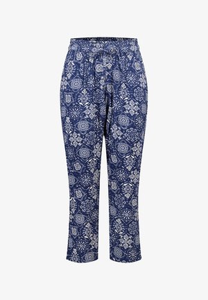 Marineblauwe broek met witte, ingewikkelde bloemen- en geometrische patronen, elastische tailleband en rechte pijpen op een witte achtergrond.