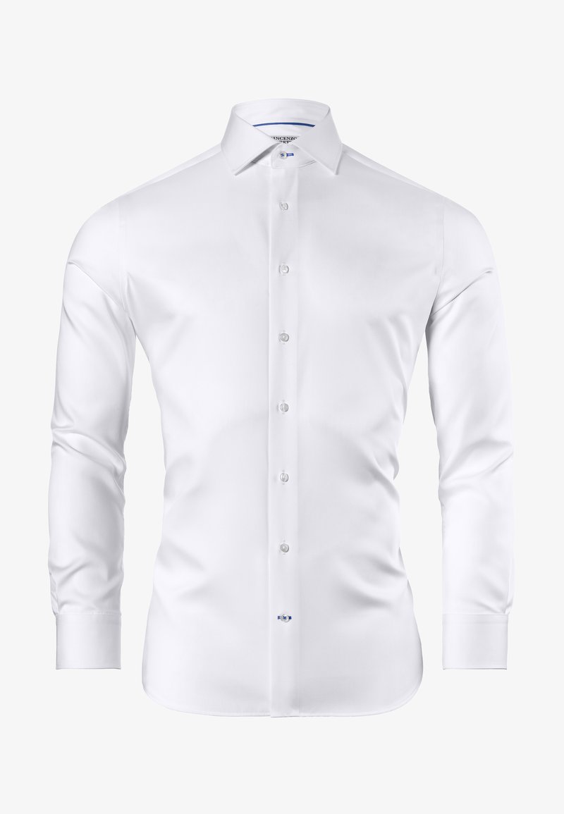 Witte lange mouwen blouse gemaakt van gladde stof, met een klassieke kraag, knopen aan de voorkant en subtiele blauwe details op de manchetten.