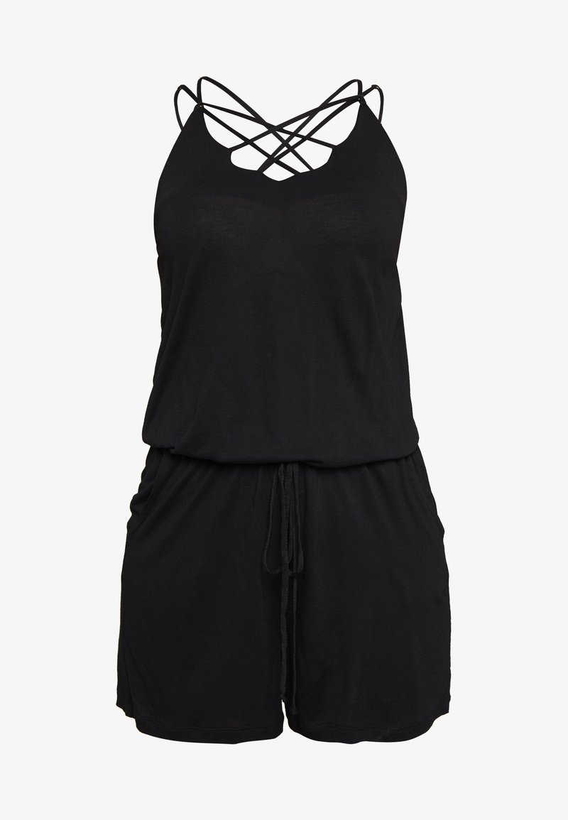 Schwarzer Jumpsuit mit einem kreuzförmigen Trägerdesign, V-Ausschnitt, Kordelzug in der Taille und weichem Textilgewebe. Shorts-länge mit lässiger Passform.