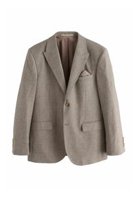 Brauner Hahnentritt-Blazer mit Reverskragen, zwei Fronttaschen, einer Brusttasche mit pinkem Akzent und goldfarbenen Knopfdetails.