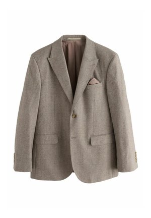 Pruun houndstooth ülikond, millel on notšiga kaelus, kaks eesmist taskut, üks rinna tasku roosa aktsendiga ja kuldse detailiga nupud.