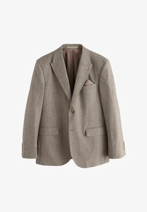 Hnedý károvaný blejzer s klopami, dvoma prednými vreckami, jedným náprsním vreckom s ružovým akcentom a detailmi zlatých gombíkov.