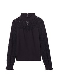 Blouse noire avec de longues manches en dentelle, col haut et corps uni. La dentelle présente un motif floral et des poignets froncés aux manches.