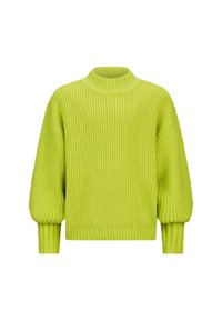 Maglione lavorato a maglia verde lime con un'alta scollatura a coste, maniche a sbuffo e un motivo testurizzato. Polsi e orlo a coste.