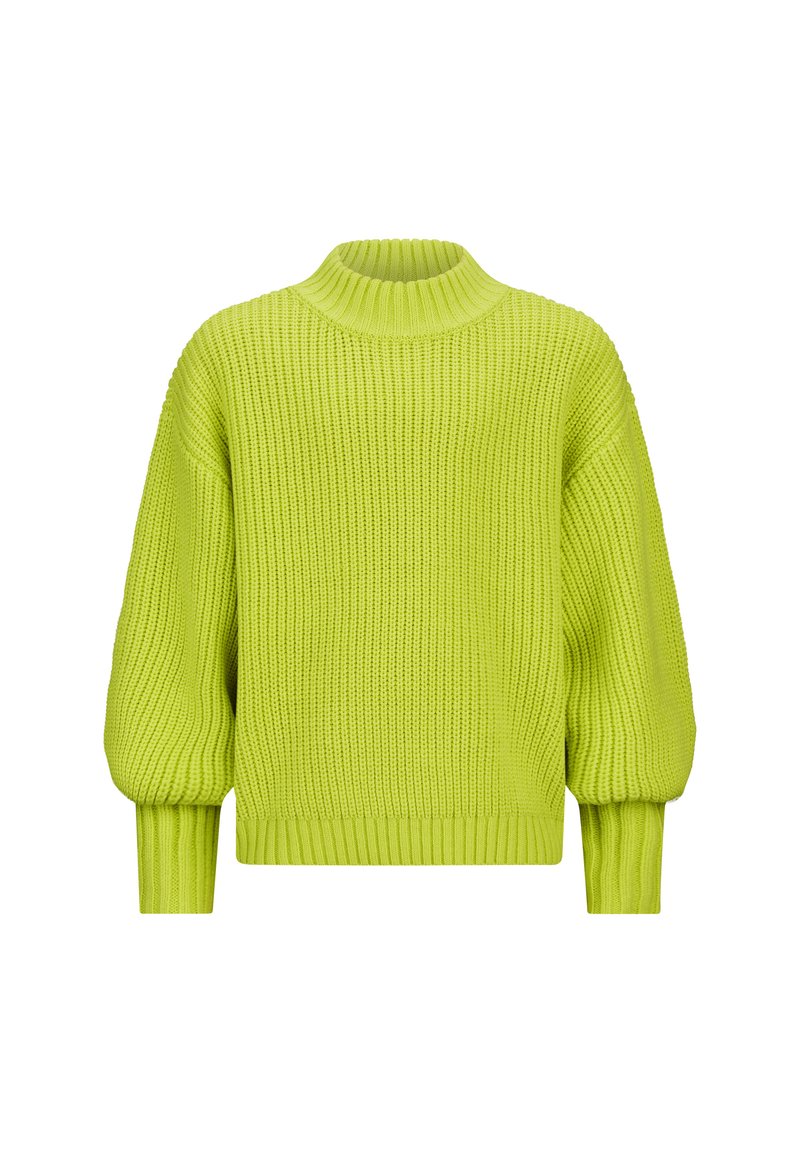 Maglione lavorato a maglia verde lime con un'alta scollatura a coste, maniche a sbuffo e un motivo testurizzato. Polsi e orlo a coste.